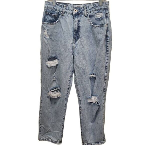 Cotton On Denim - Cotton On Women's Blue Five Pocket Distressed Denim Straight Leg Jeans Size 8